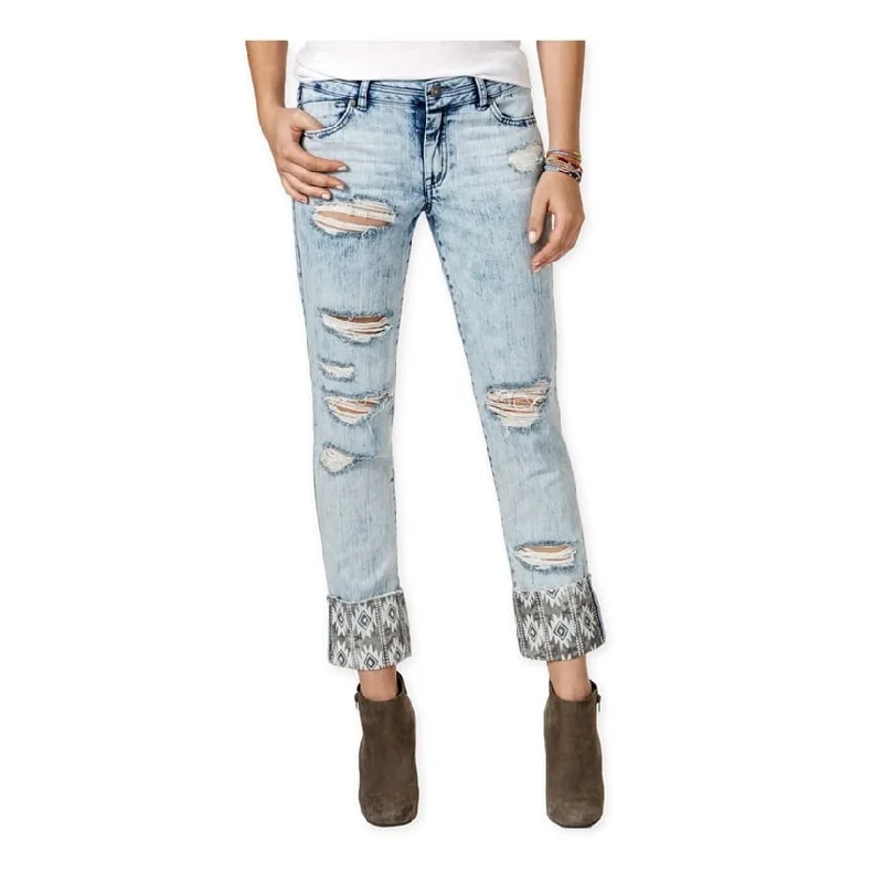 Rewash Womens Ripped Print-Cuff Slim Fit Jeans