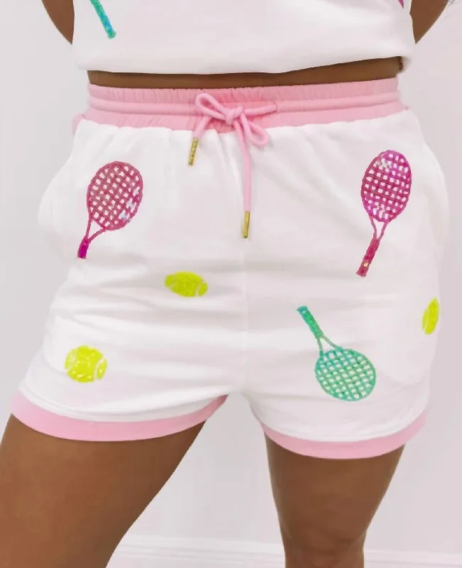 Tennis Sequin Embroidery Shorts In White