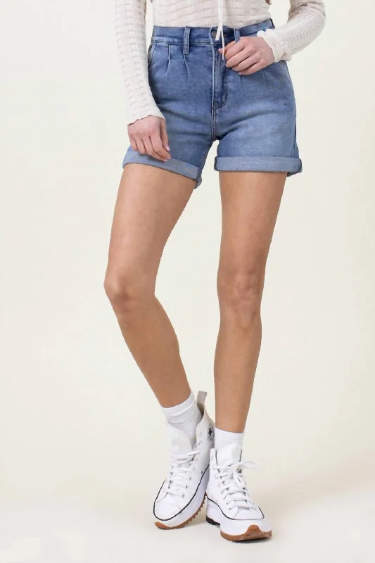 Denim Shorts With Pin Tuck Detail In Medium Stone