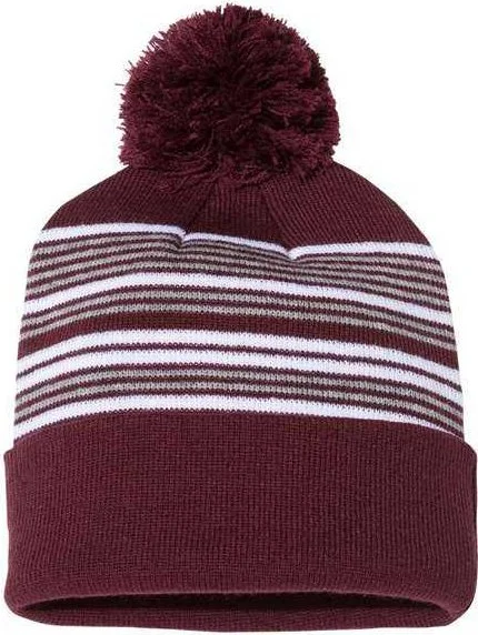 Sportsman SP60 12" Striped Pom-Pom Knit Beanie - Maroon White Grey